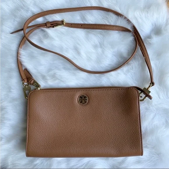 Tory Burch Robinson Pebbled Crossbody Like New Leather Tan Wallet Bag - Picture 2 of 9
